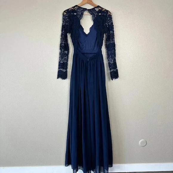 Lulus Maxi Dress Lace Long Sleeve V-Neck Formal Wedding Navy Blue Women's XS - Picture 5 of 10